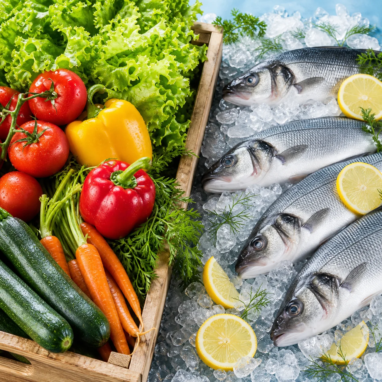 Fruits et légumes frais accompagnés de poissons conservés sur glace